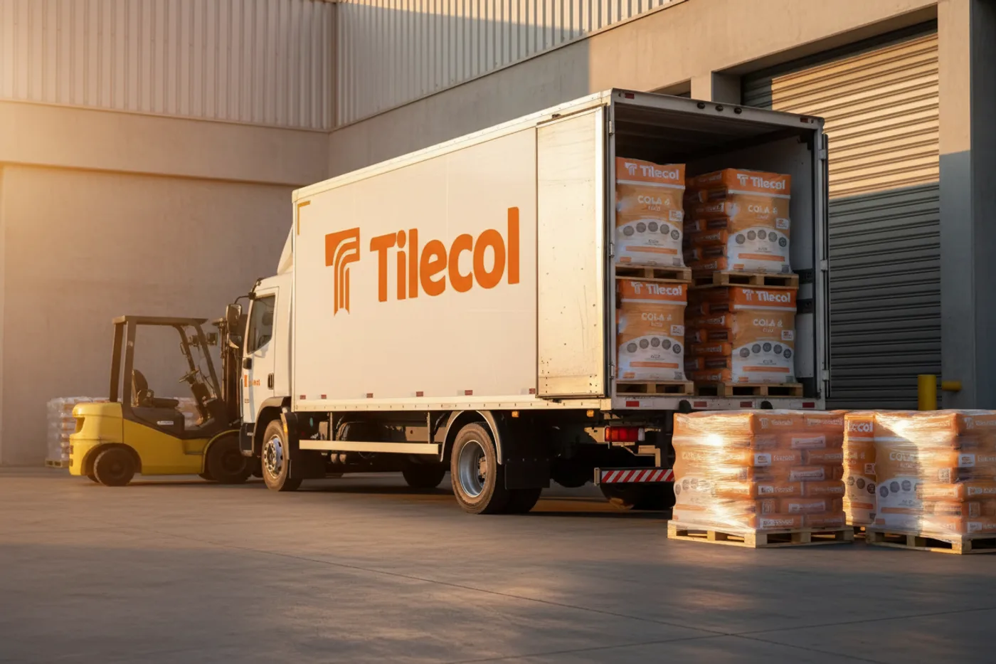 Caminhão da frota Tilecol carregado de pallets no centro de distribuição