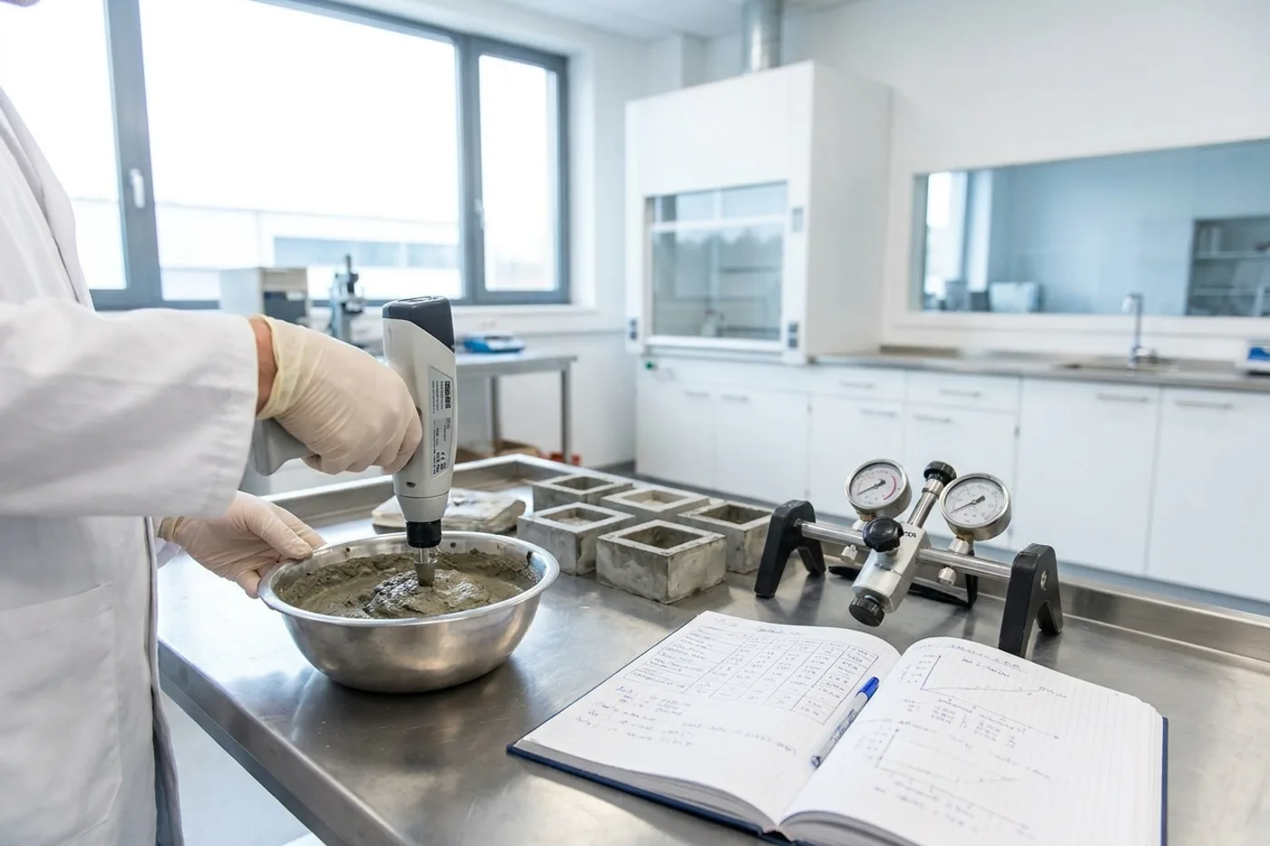 Técnico testando argamassa no laboratório Tilecol