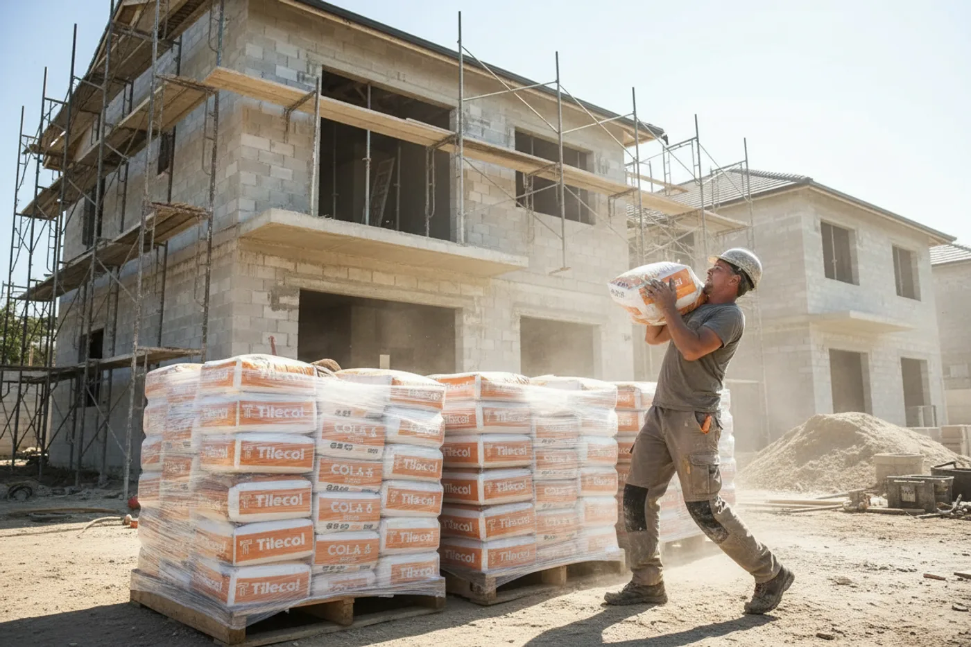 Pallets de argamassa Tilecol entregues no canteiro de obra